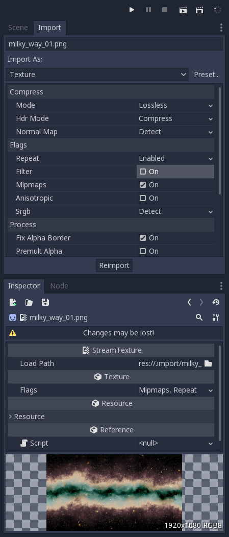 Import settings for the texture